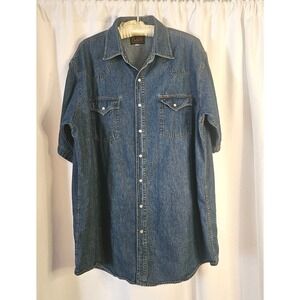 Plains Western Wear Denim Pearl Snap Short Sleeve Shirt Mens XLT Cowboy Rodeo